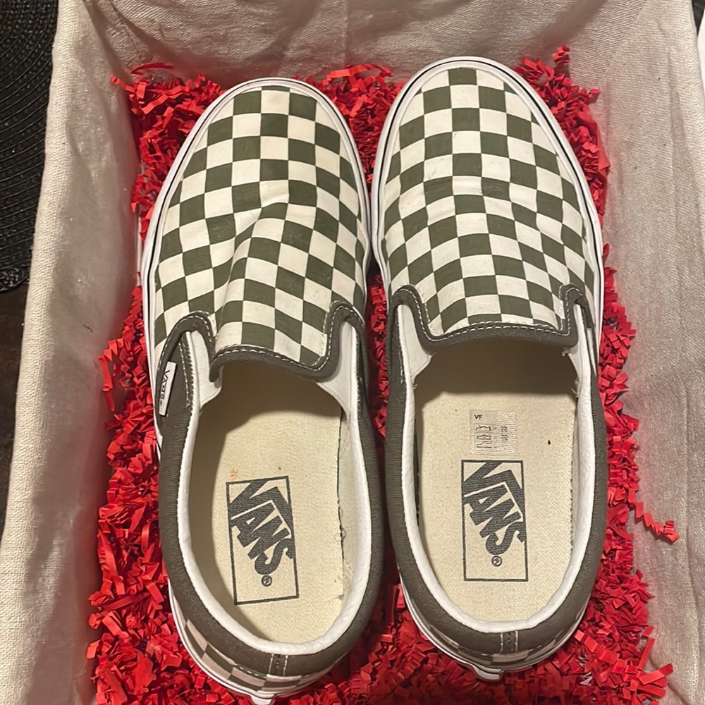 Van Slip-On Sneakers: Size: 8 in Women/6.5 in Men: Color: Olive Green and White